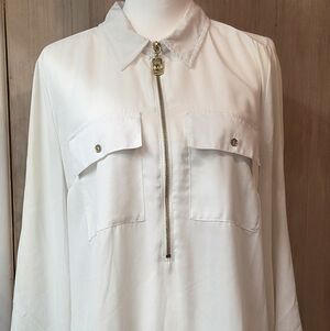 Michael Kors White Long Sleeve Utility Blouse With Zip Front